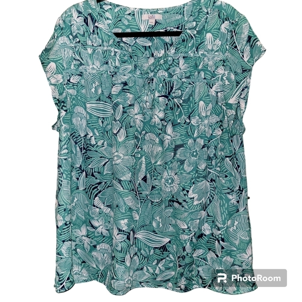 Croft & Barrow XXL Green White Floral Boho Beachy No Sleeve Blouse